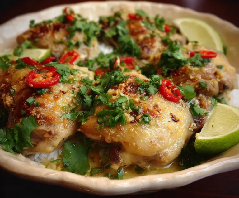 Juicy Thai-inspired steamed chicken thighs garnished with fresh herbs and served on a white plate.