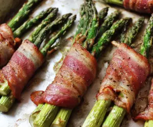 Delicious Whole30 bacon-wrapped asparagus appetizer, crispy and flavorful