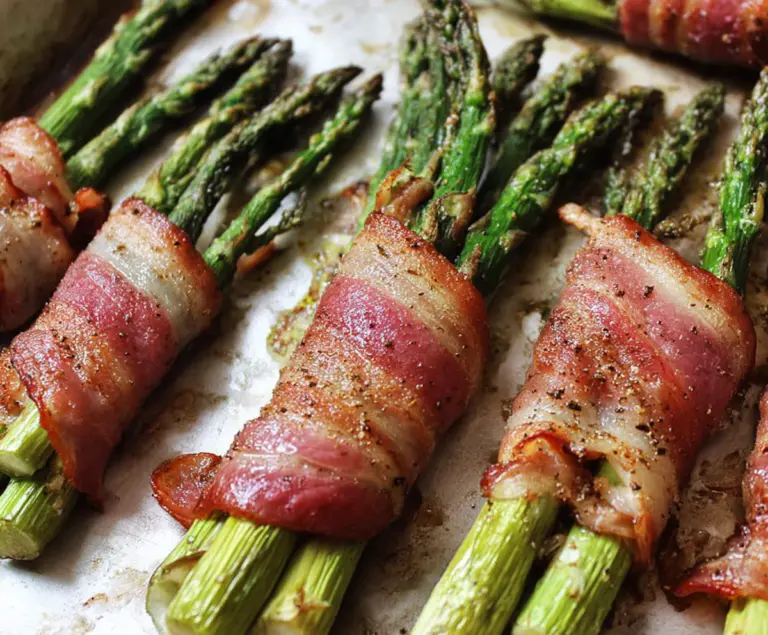 Delicious Whole30 bacon-wrapped asparagus appetizer, crispy and flavorful