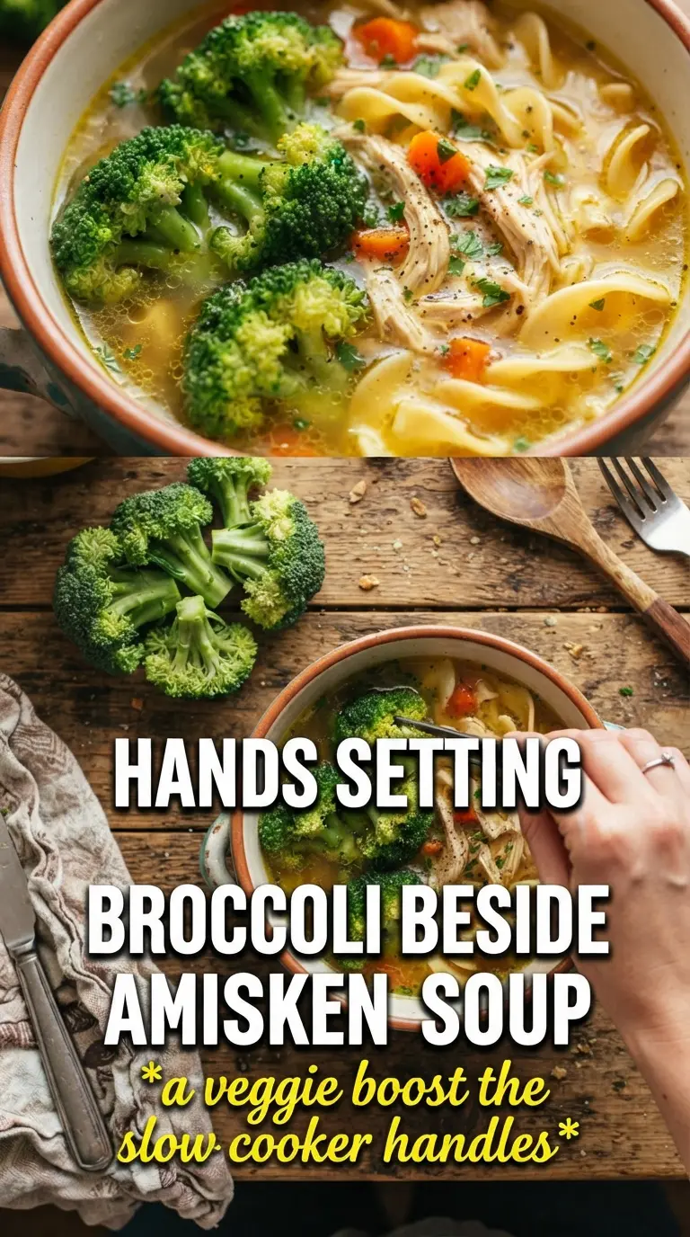 Amish Broccoli Chicken Noodle Slow Cooker Soup creamy golden broccoli cheddar