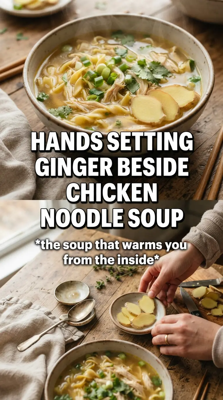 Ginger Garlic Chicken Noodle Soup clear broth, shredded chicken, noodles