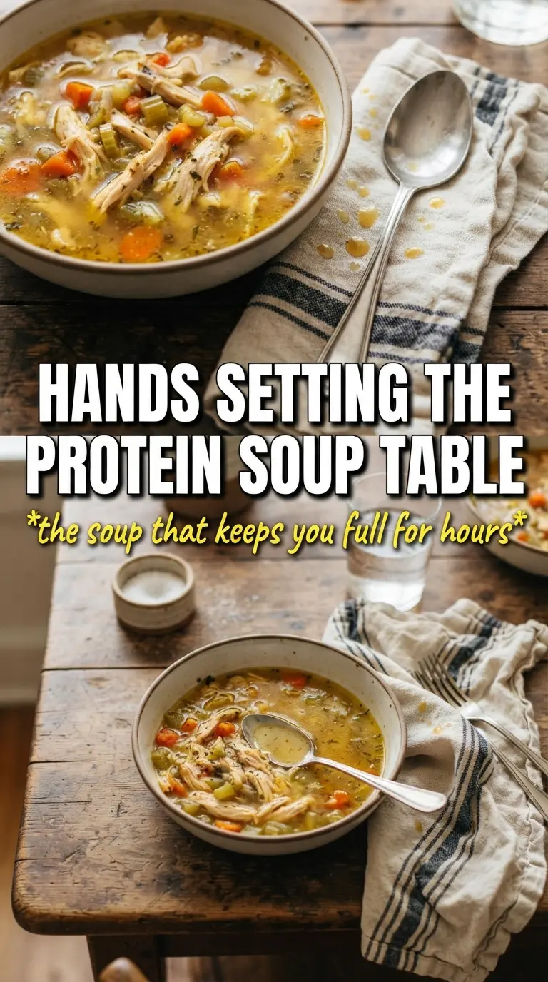 High Protein Chicken Noodle Soup with chickpeas, lemon, and parsley