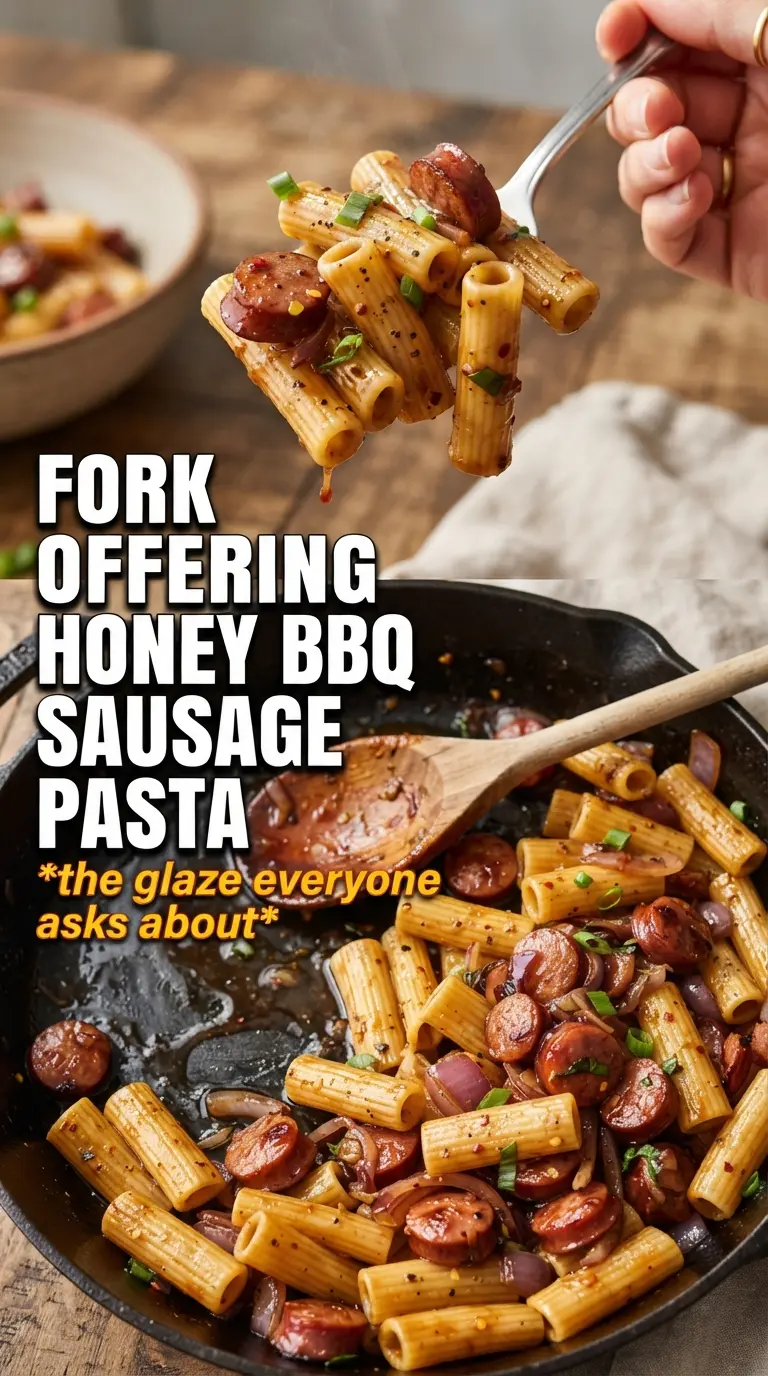 Honey BBQ Sausage Pasta glossy saucy rigatoni caramelized