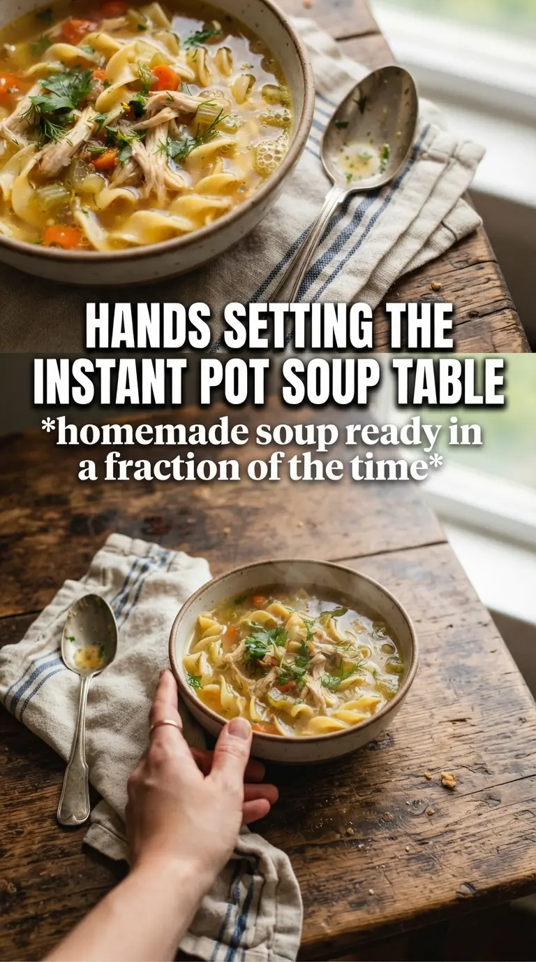 Instant Pot Chicken Noodle Soup, golden broth, shredded chicken, egg noodles